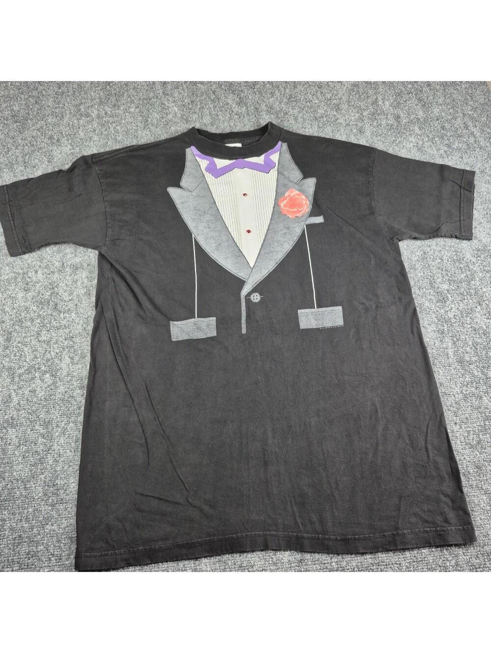 Vintage Base Line 80's 90's Tuxedo Black T Shirt 2XL 23” X 32” Made in USA Heavy